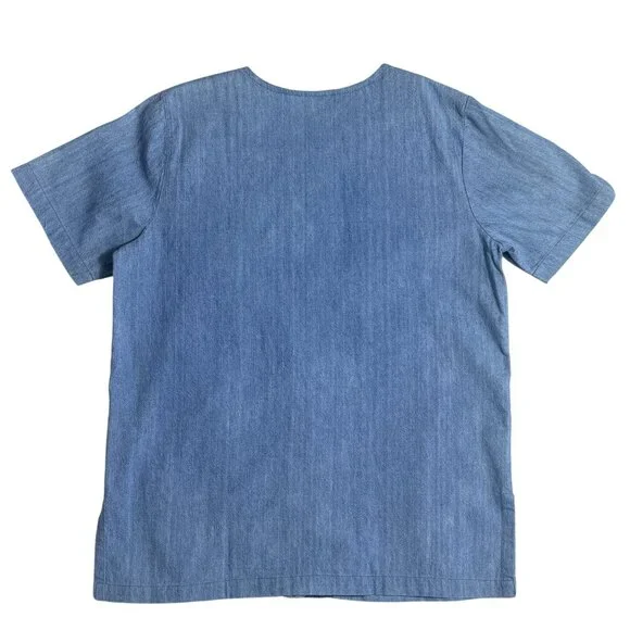 TWO TWENTY Top Womens M Blue Patchwork Short Sleeve Button Embroidered Floral - Picture 2 of 8